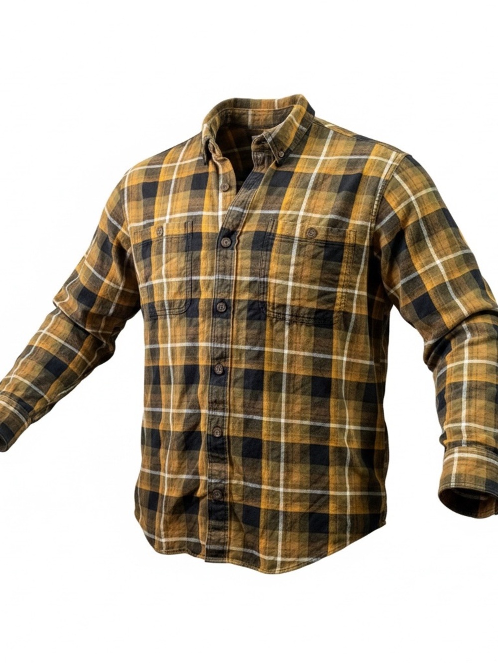 Duluth Trading Co Yellow and Black Plaid Button-Down Shirt